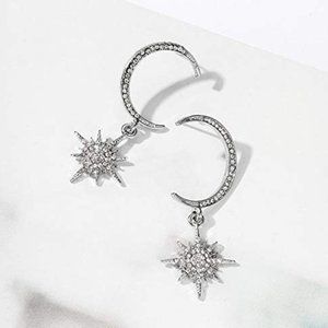 Crystal Sun Moon Dangle Earrings Long Chain Drop Earring for Women